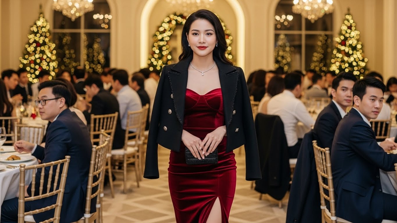 Người phụ nữ Việt Nam mặc áo khoác dạ và đầm nhung dự tiệc