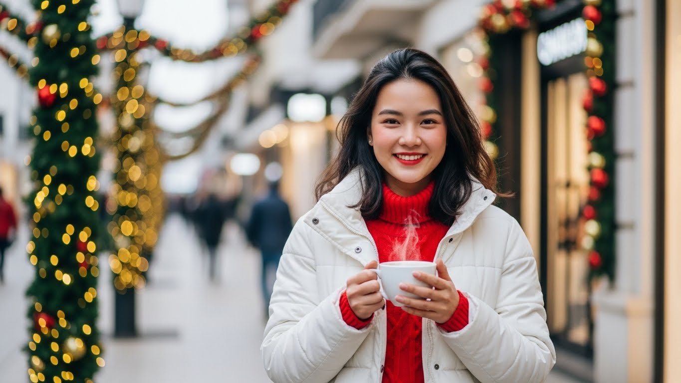 Cô gái Việt Nam mặc áo phao, quần jeans dạo phố Noel