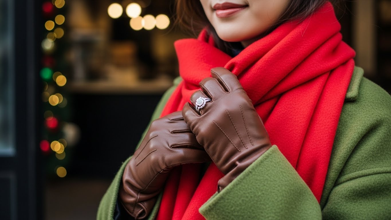 Phụ kiện Giáng Sinh với khăn đỏ, áo khoác xanh, găng tay