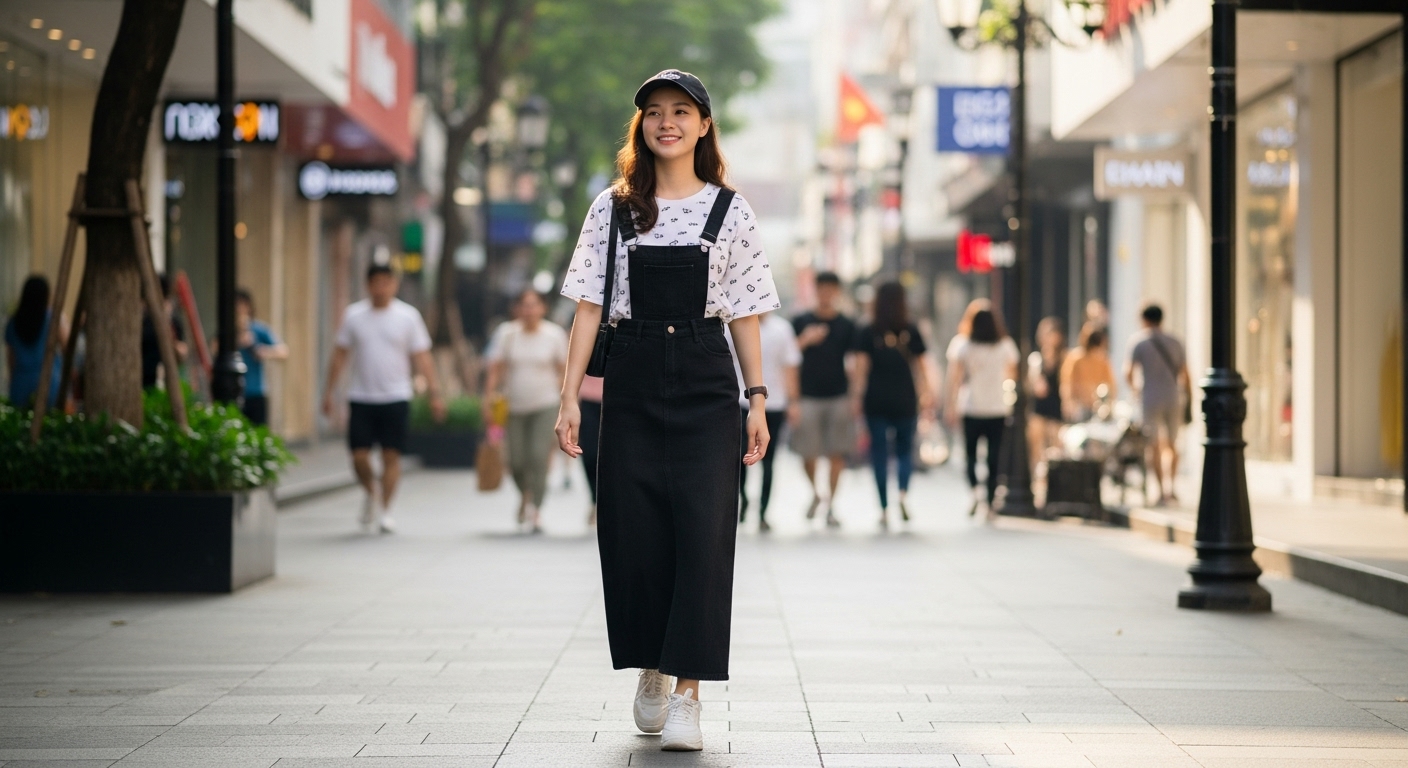 Cô gái Việt năng động dạo phố với chân váy đen, áo thun.