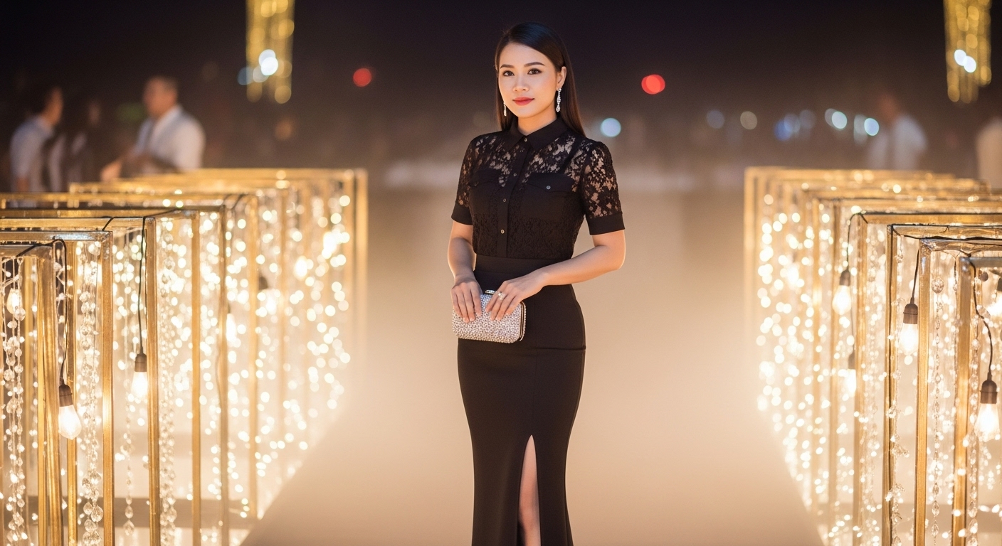 Phụ nữ Việt dự tiệc sang trọng, chân váy đen, áo ren.