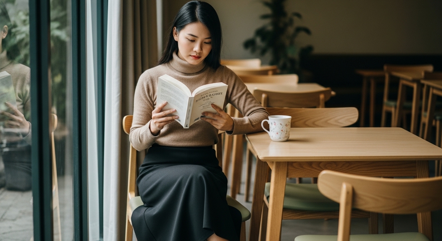 Cô gái Việt phong cách Hàn Quốc, chân váy đen, áo len.