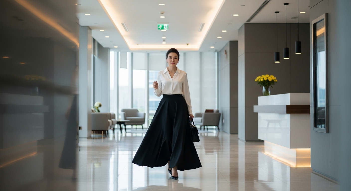 Phụ nữ Việt thanh lịch với chân váy đen, áo blouse công sở.