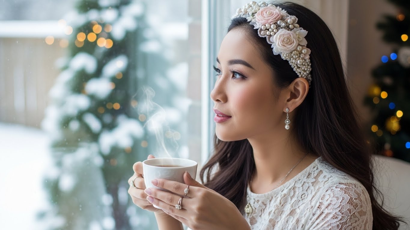 Nàng thơ dịu dàng với phụ kiện hoa vải ngọc trai.