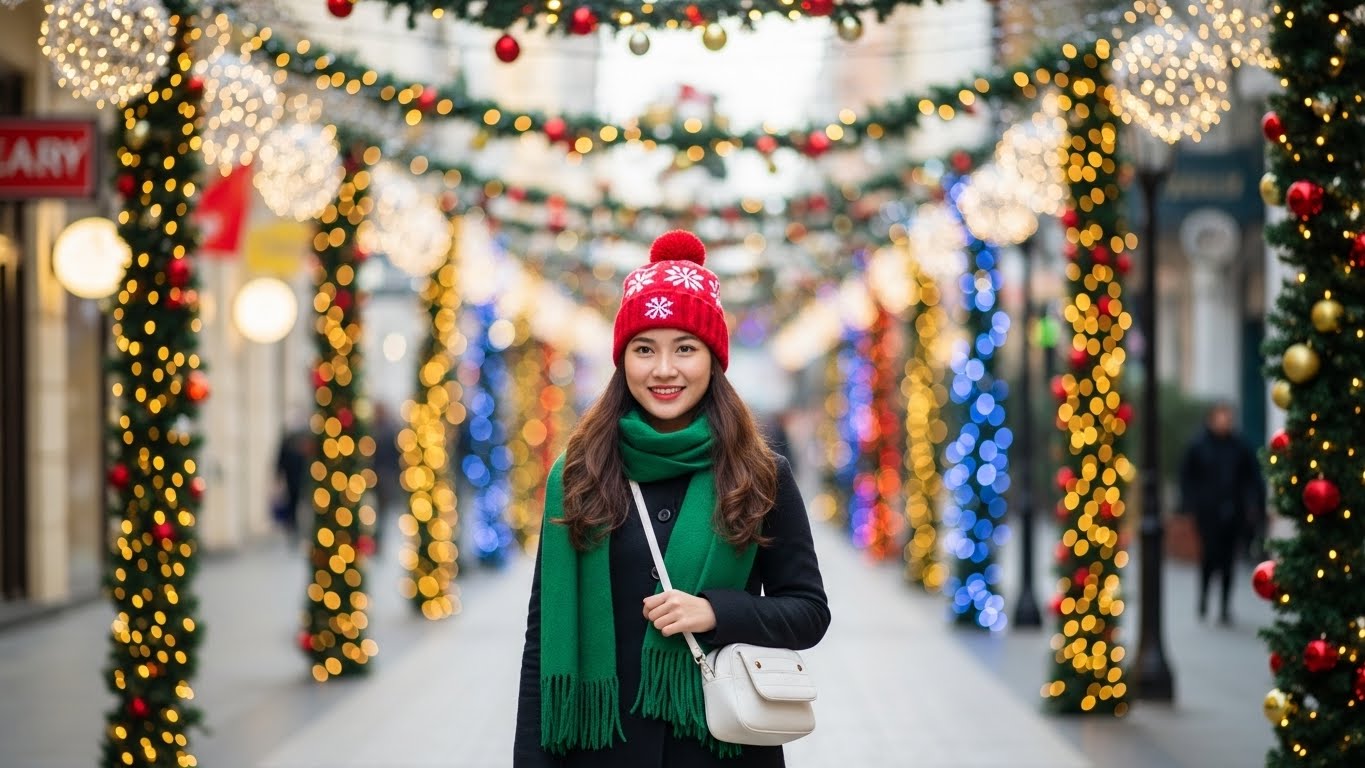 Cô nàng năng động diện phụ kiện Giáng Sinh tươi tắn.