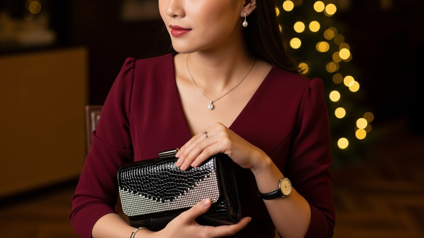 Quý cô thanh lịch cầm clutch dự tiệc Giáng Sinh.