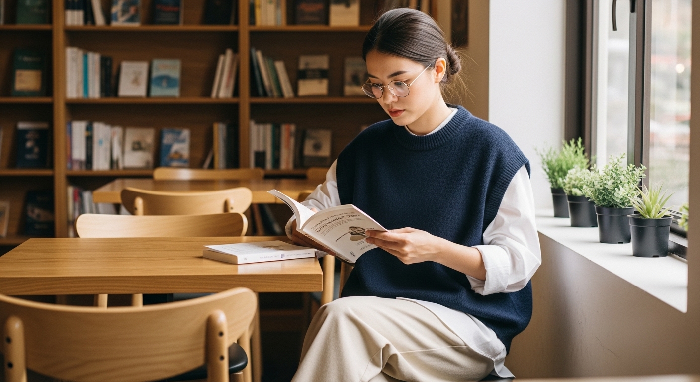 Người Phụ Nữ Việt Nam Mặc Áo Len Gile Oversized Đọc Sách Tại Quán Cà Phê.