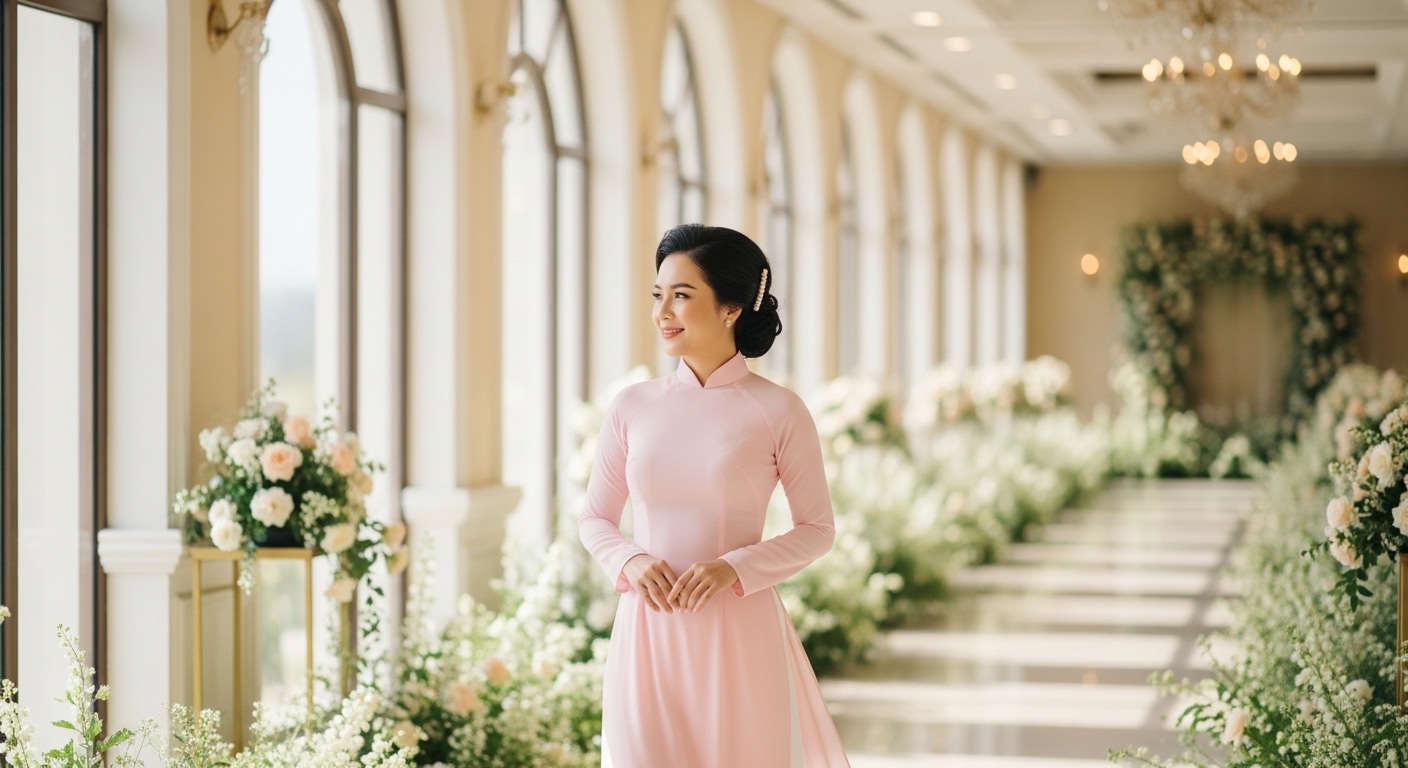 Người phụ nữ Việt Nam duyên dáng mặc áo dài tham dự tiệc cưới.