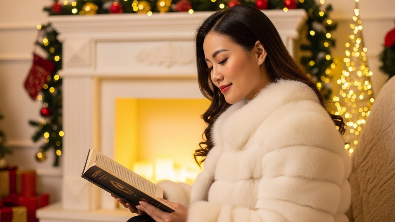 Người phụ nữ Việt Nam mặc áo khoác lông ấm áp bên lò sưởi