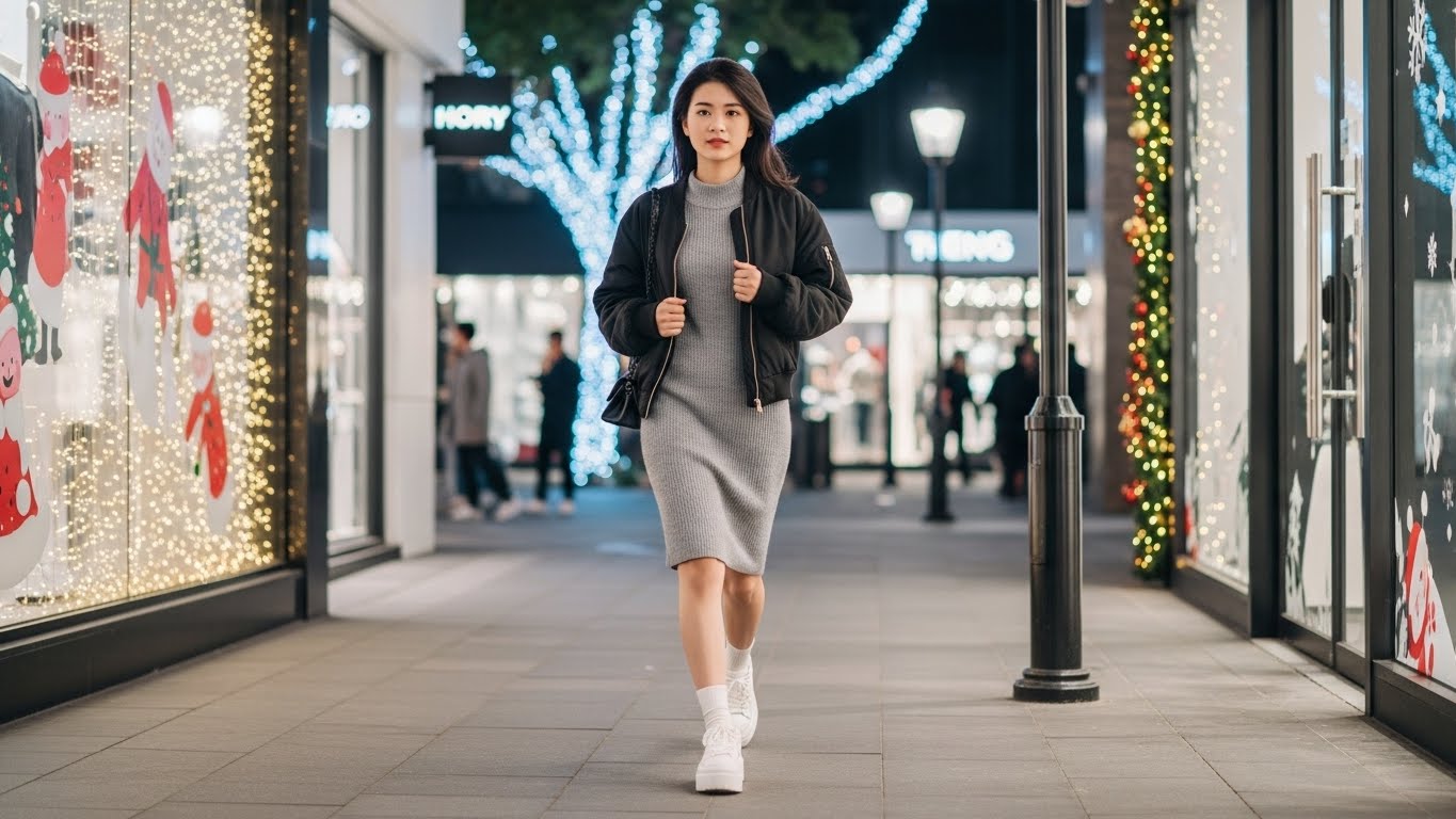 Phụ nữ Việt Nam năng động đi giày sneakers trên phố Giáng Sinh.