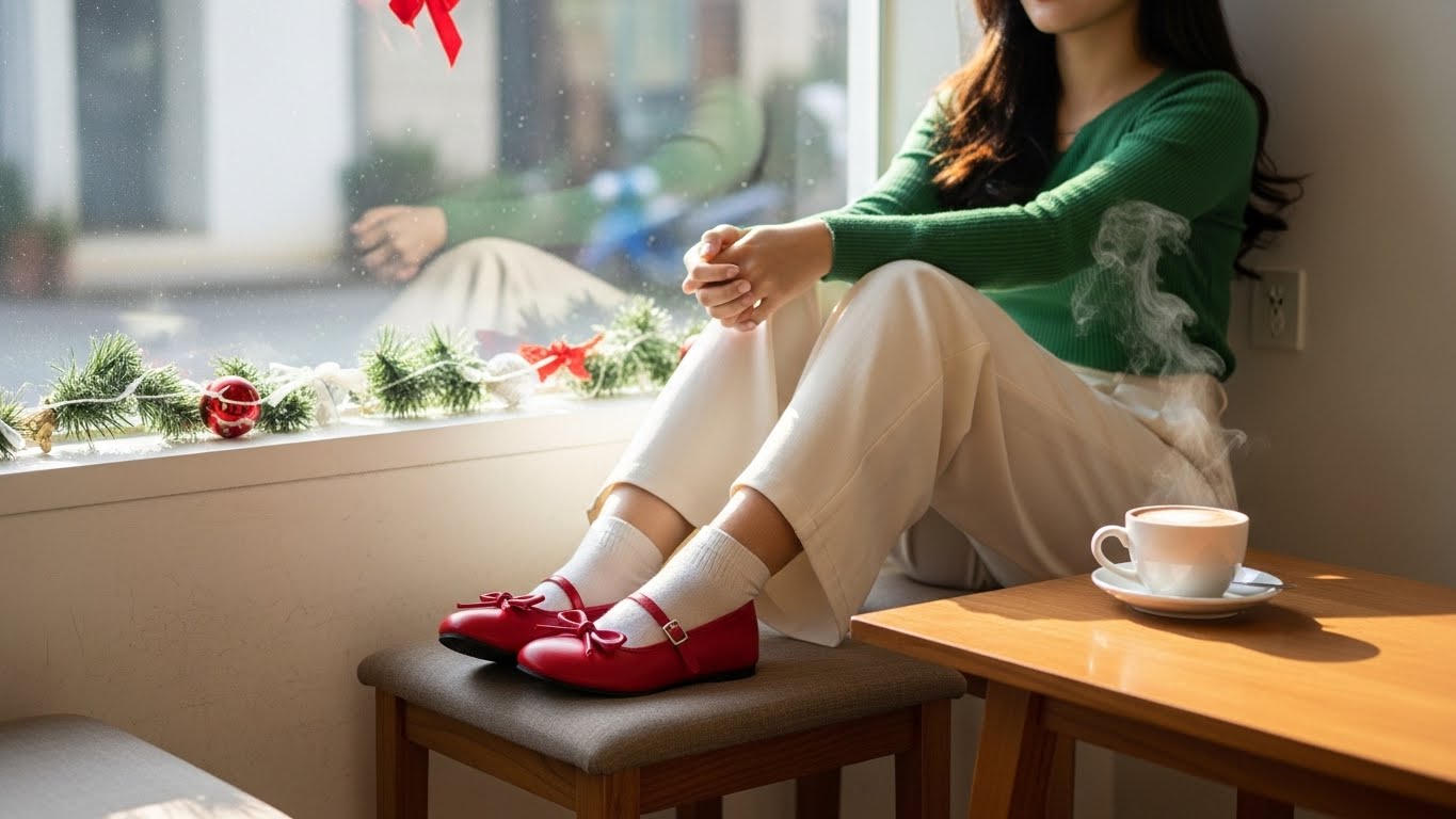 Phụ nữ Việt Nam thư thái mang giày bệt trong quán cà phê Giáng Sinh.