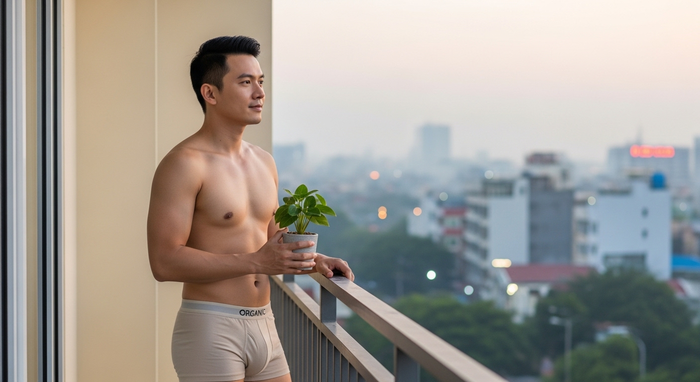 Người Đàn Ông Việt Nam Trẻ Đứng Ban Công Mặc Quần Lót Organic Cotton