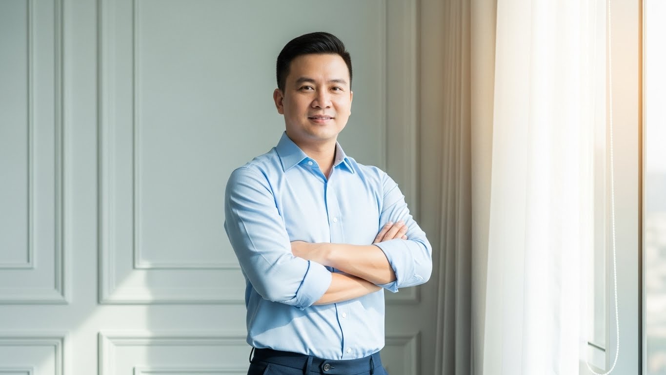 Đàn Ông Việt Nam Đứng Tự Tin, Khỏe Mạnh Trong Phòng Hiện Đại