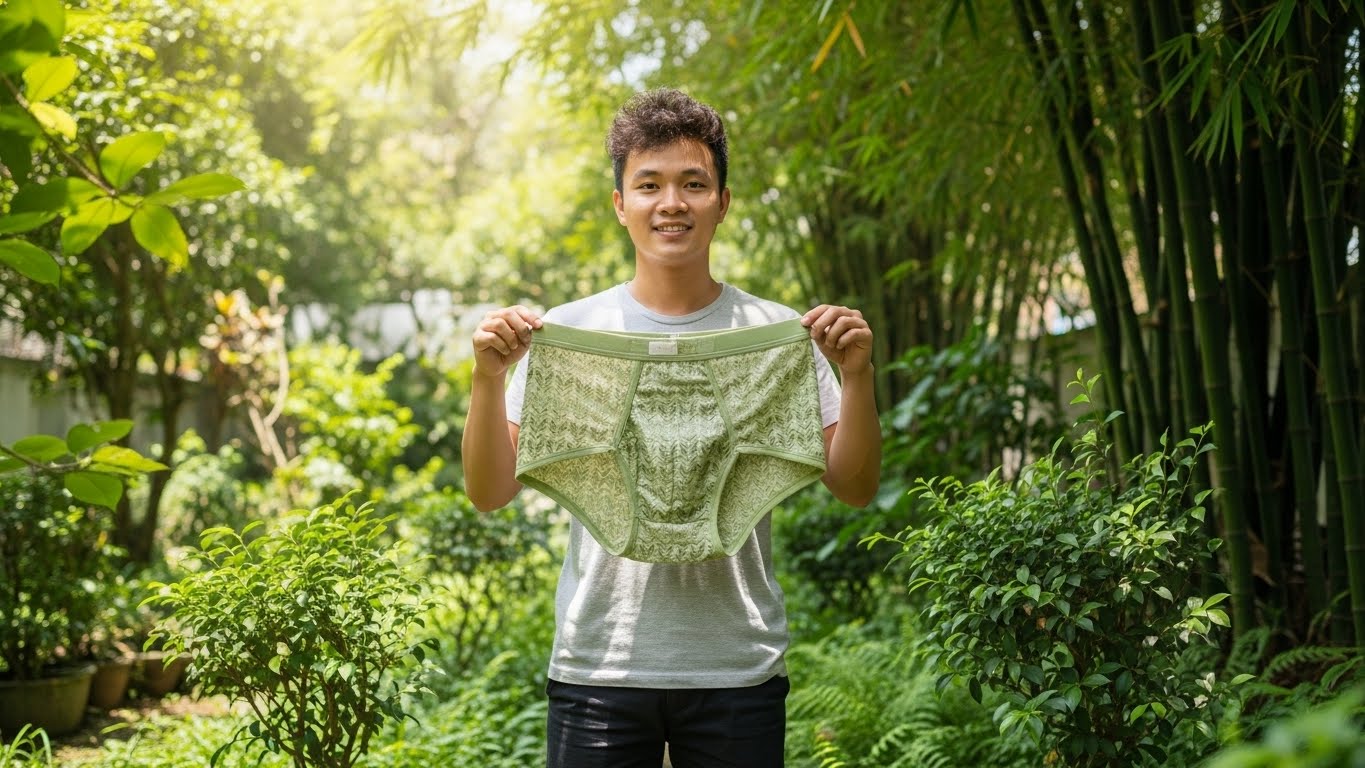 Đàn Ông Việt Nam Cầm Quần Lót Sợi Tre Trong Vườn Xanh Mát