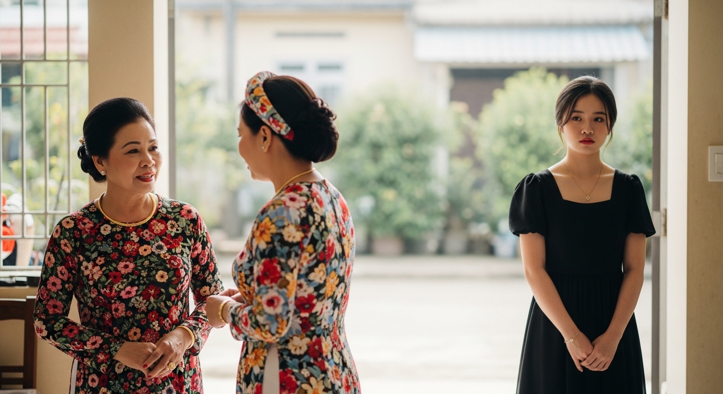 Người phụ nữ lớn tuổi Việt Nam nhìn áo đen với vẻ không hài lòng.