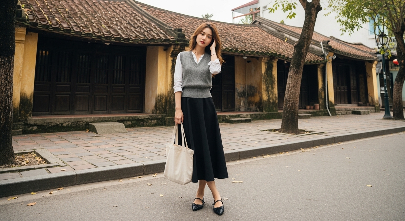 Cô Gái Việt Nam Thanh Lịch Phối Áo Len Gile Dáng Ôm Cùng Chân Váy.