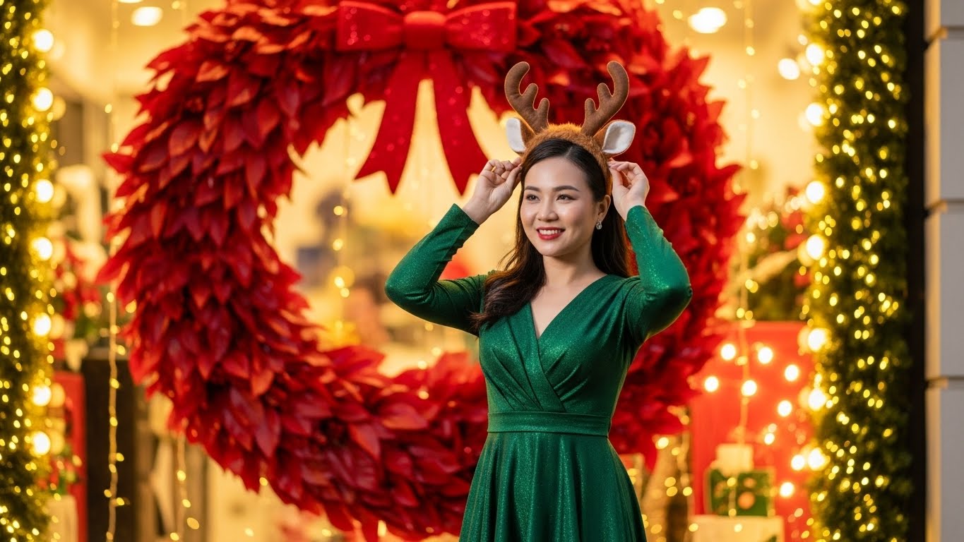 Phụ Nữ Việt Nam Diện Váy Dạ Hội Xanh Cùng Bờm Tuần Lộc