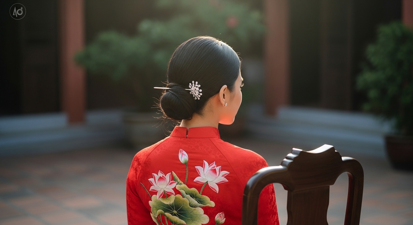 Cô gái Việt Nam dịu dàng với tóc búi thấp cổ điển mặc áo dài.