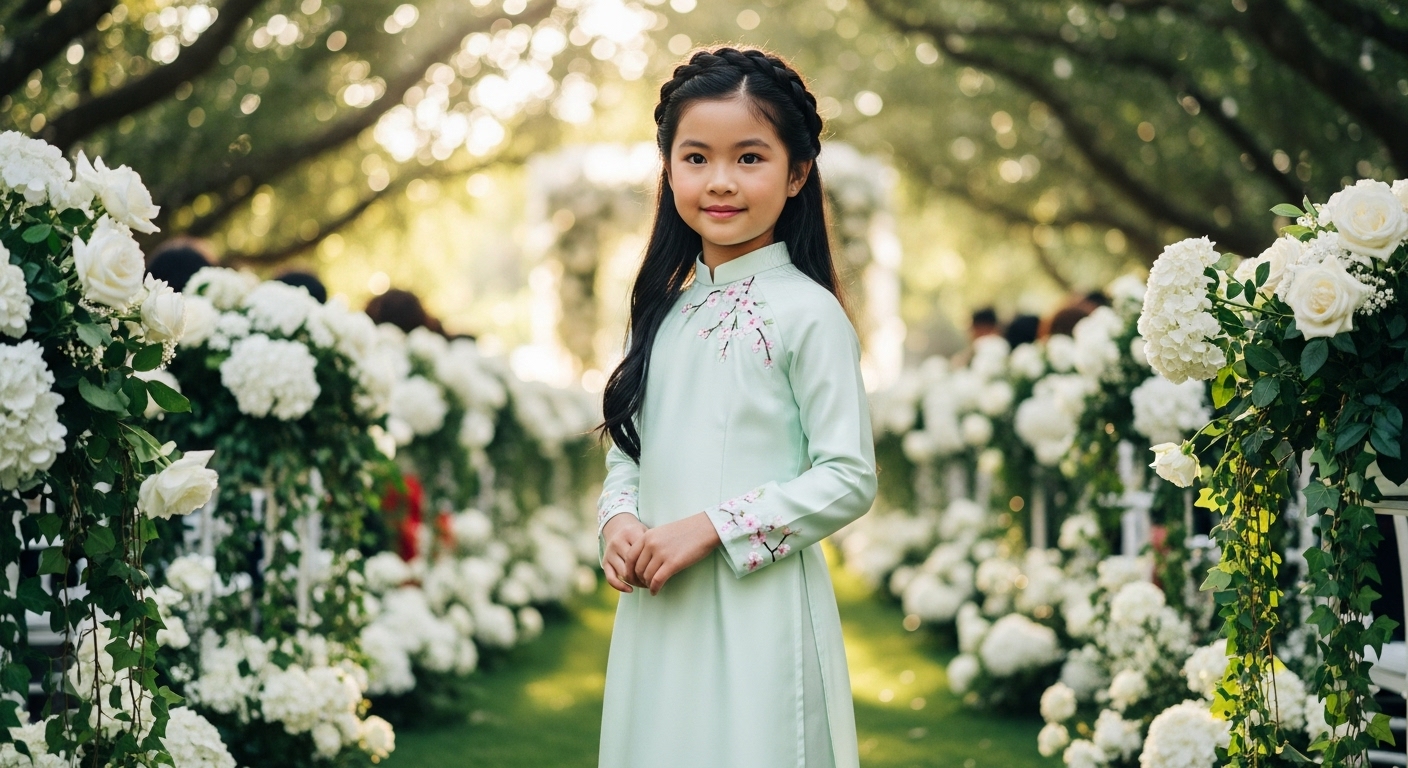 Người phụ nữ trẻ đẹp tết tóc duyên dáng mặc áo dài truyền thống.