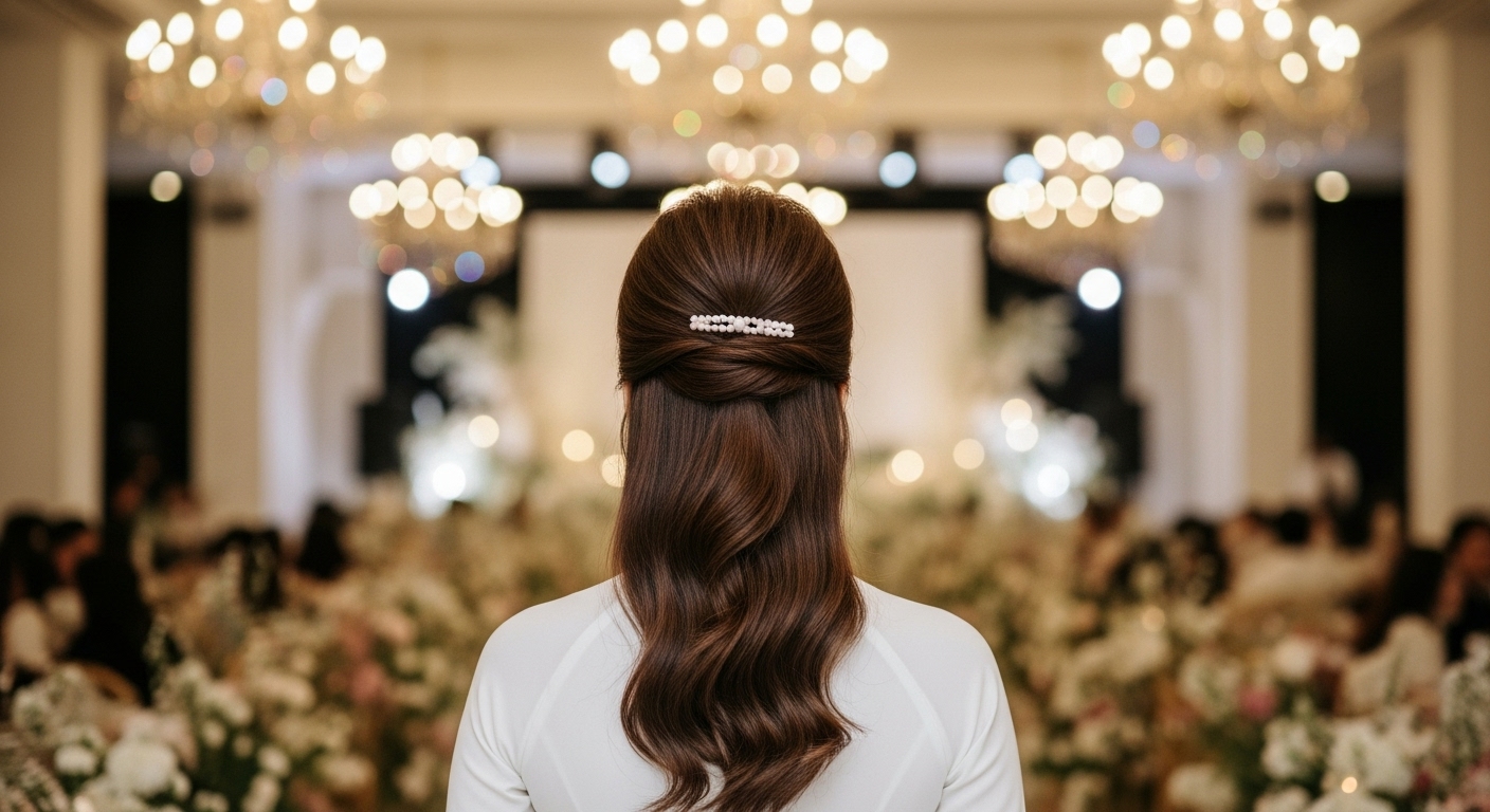 Phụ nữ thanh lịch với kiểu tóc buộc nửa đầu kết hợp áo dài.