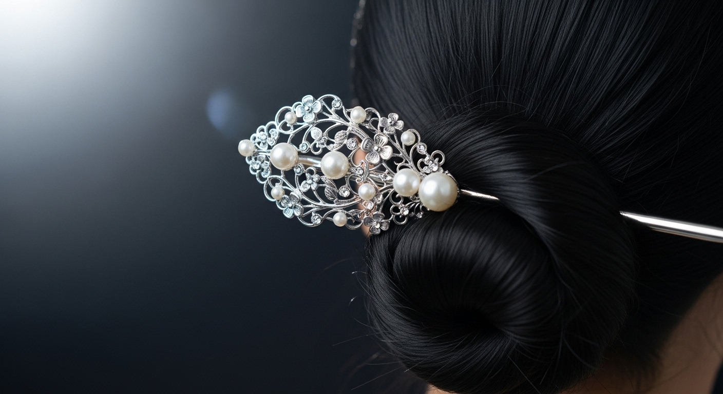 Cận cảnh phụ kiện trâm cài ngọc trai trên mái tóc búi.