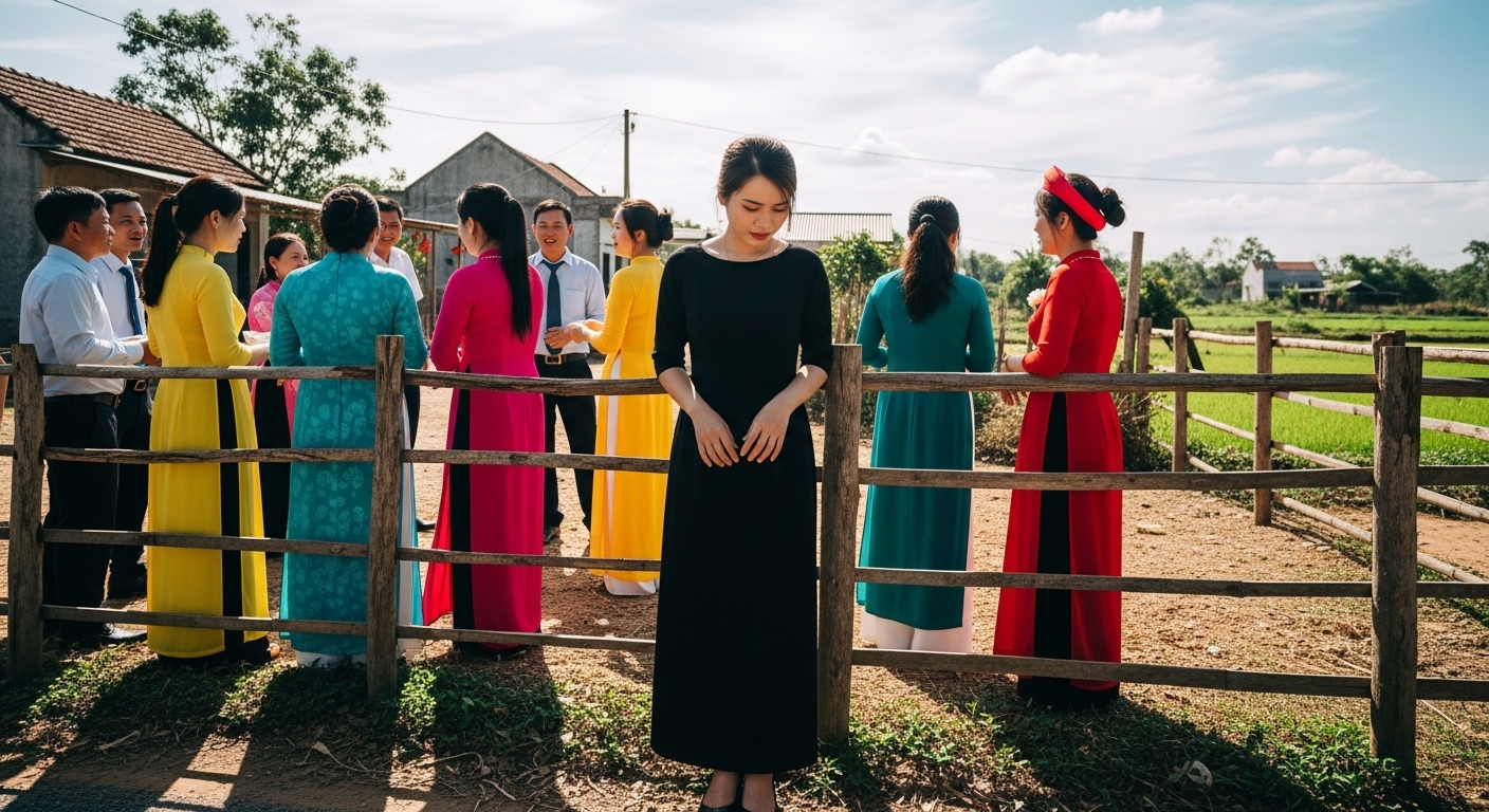 Cô gái Việt lạc lõng trong váy đen tại đám cưới truyền thống ban ngày.