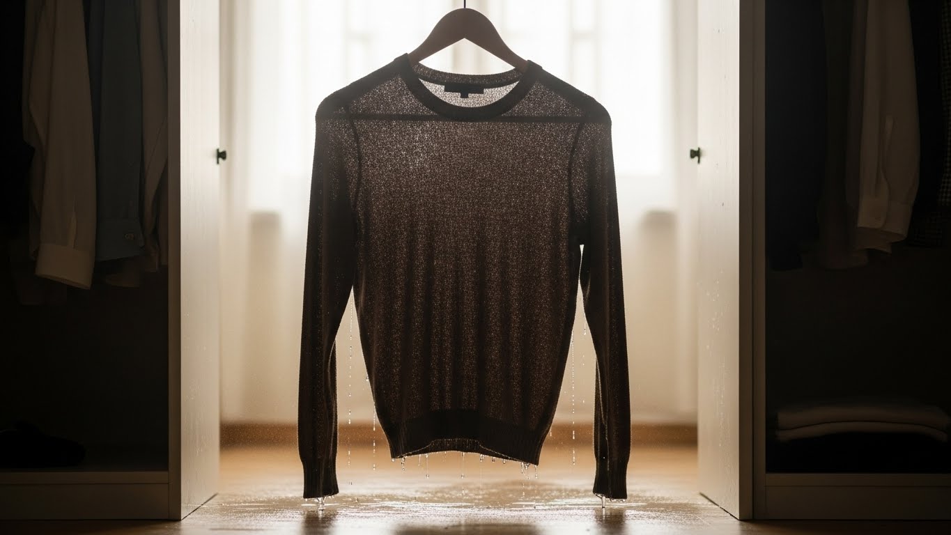 Áo len ướt bị kéo giãn mạnh khi treo trên móc.