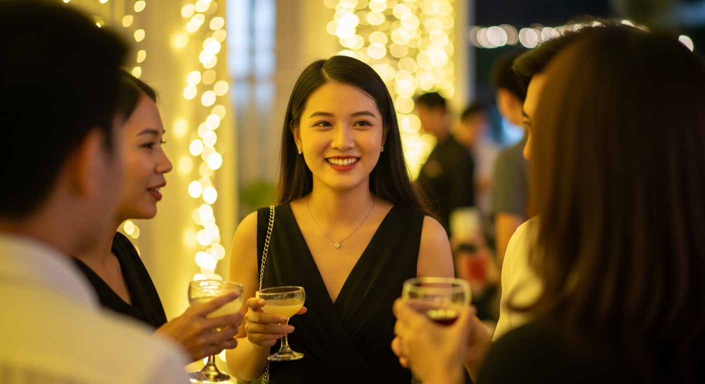 Khách mời Việt mặc váy đen tại tiệc cưới tối sang trọng.