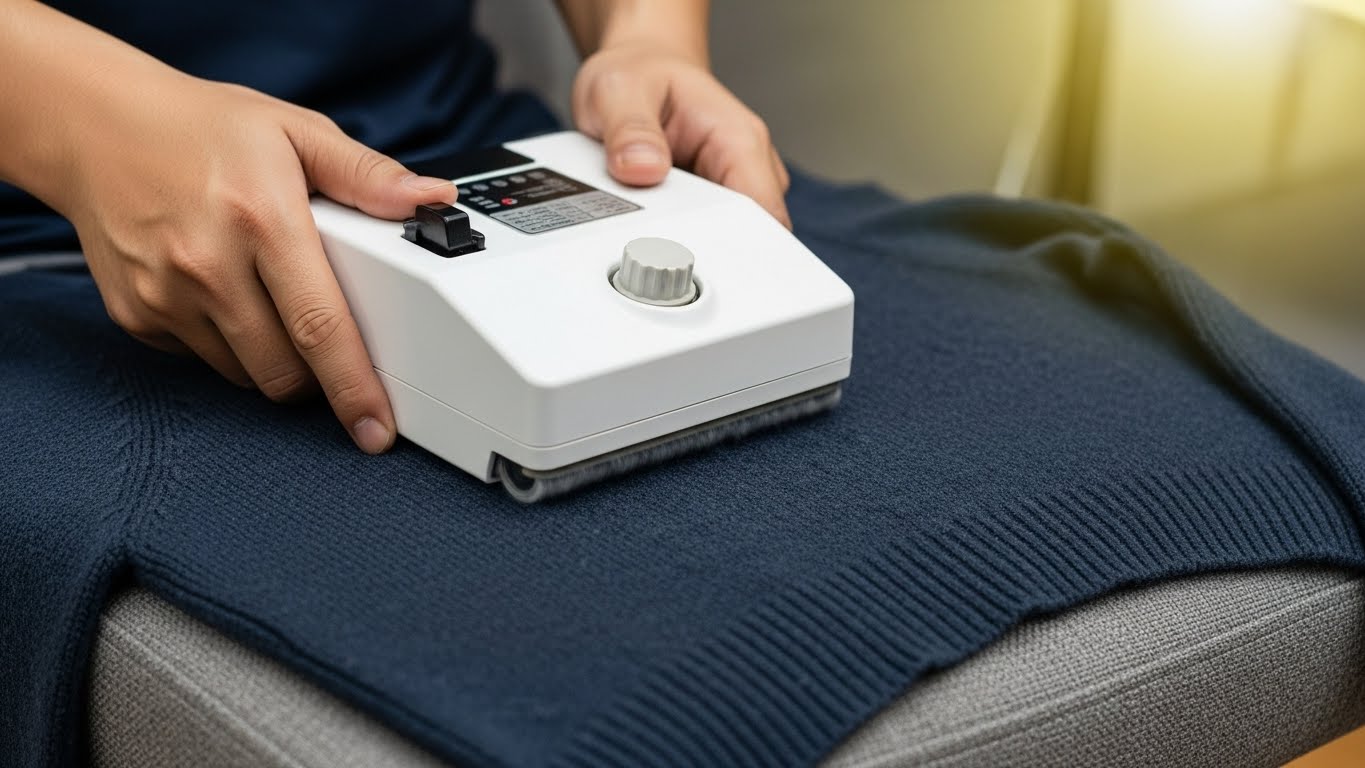 Máy cắt lông xù đang loại bỏ những cục bông nhỏ trên áo len.