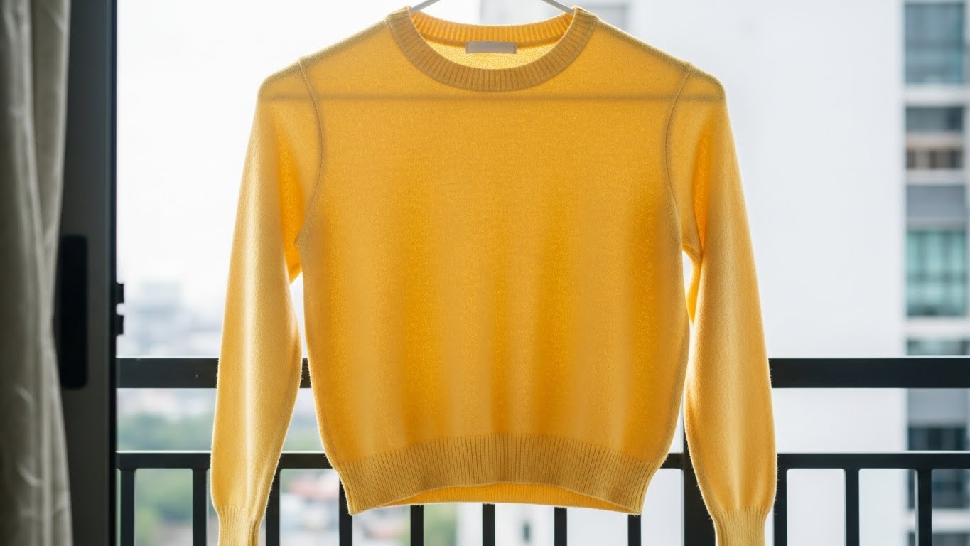 Áo len được phơi phẳng trên mặt lưới để tránh bị giãn.