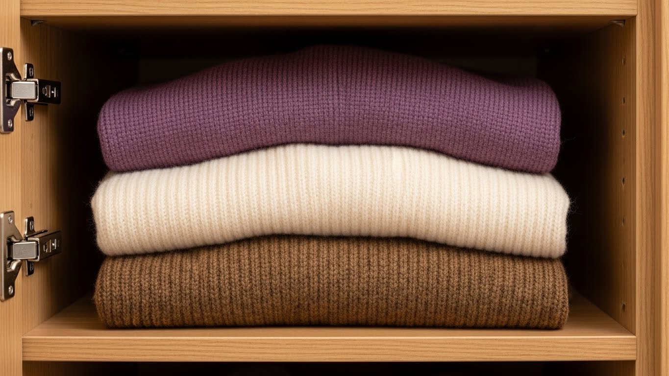 Áo len màu sắc được gấp gọn gàng, ngăn nắp trong tủ quần áo.