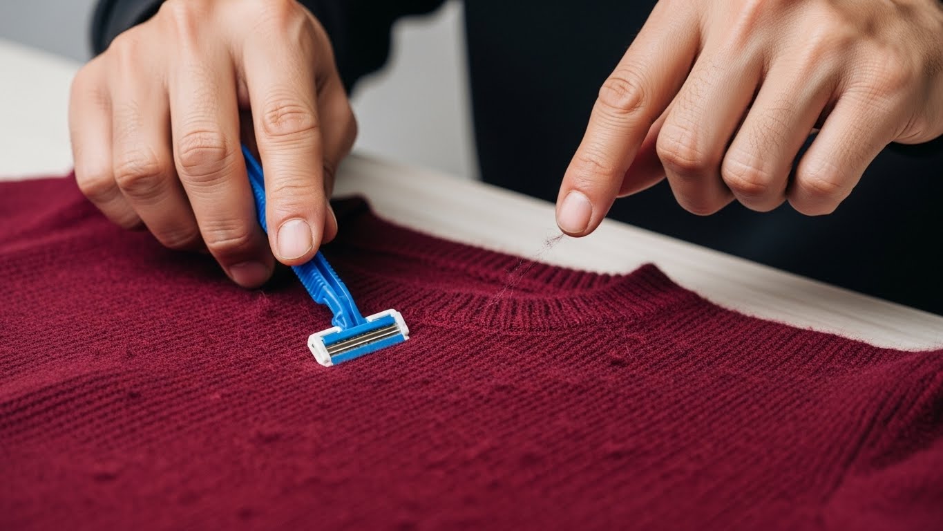 Đôi tay đang cạo nhẹ nhàng những cục lông xù trên áo len.