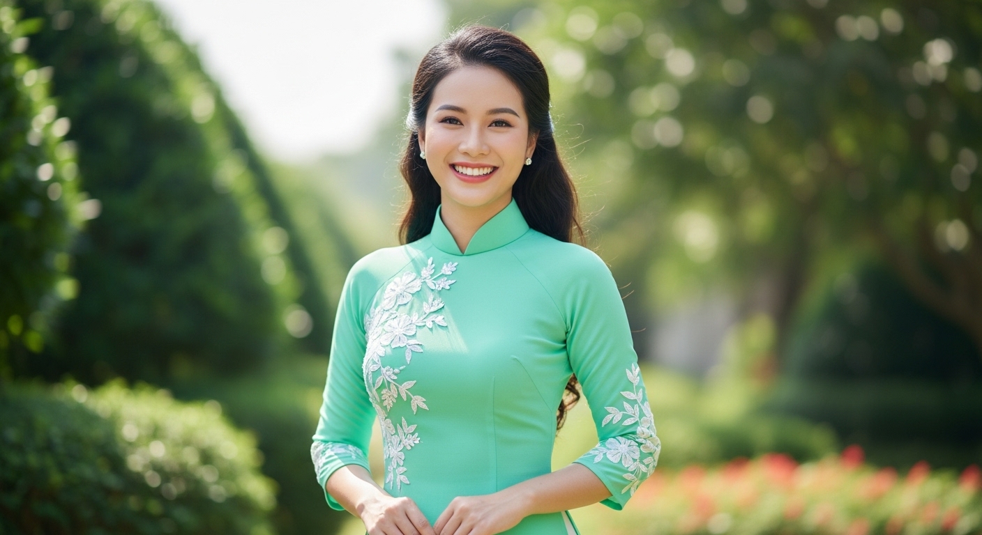Radiant young woman in a mint green modern ao dai.
