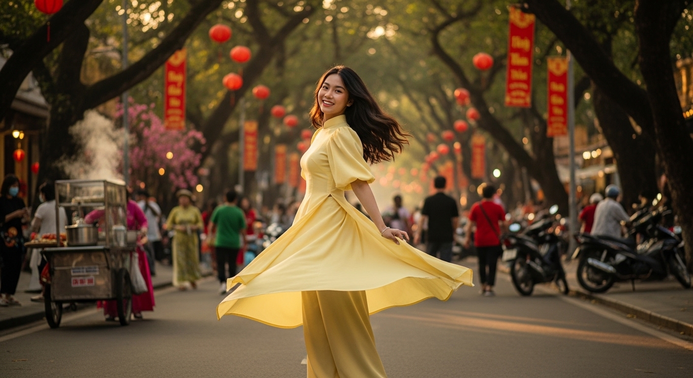 A stylish girl in a modern ao dai with unique puffed sleeves.
